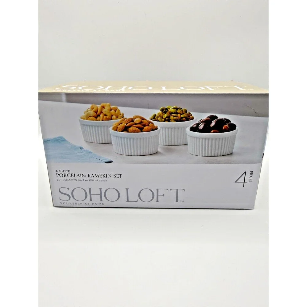 SOHO Loft 4 Pc Porcelain Ramekin Set White Oven Safe Baking Bowls Kitchen NEW